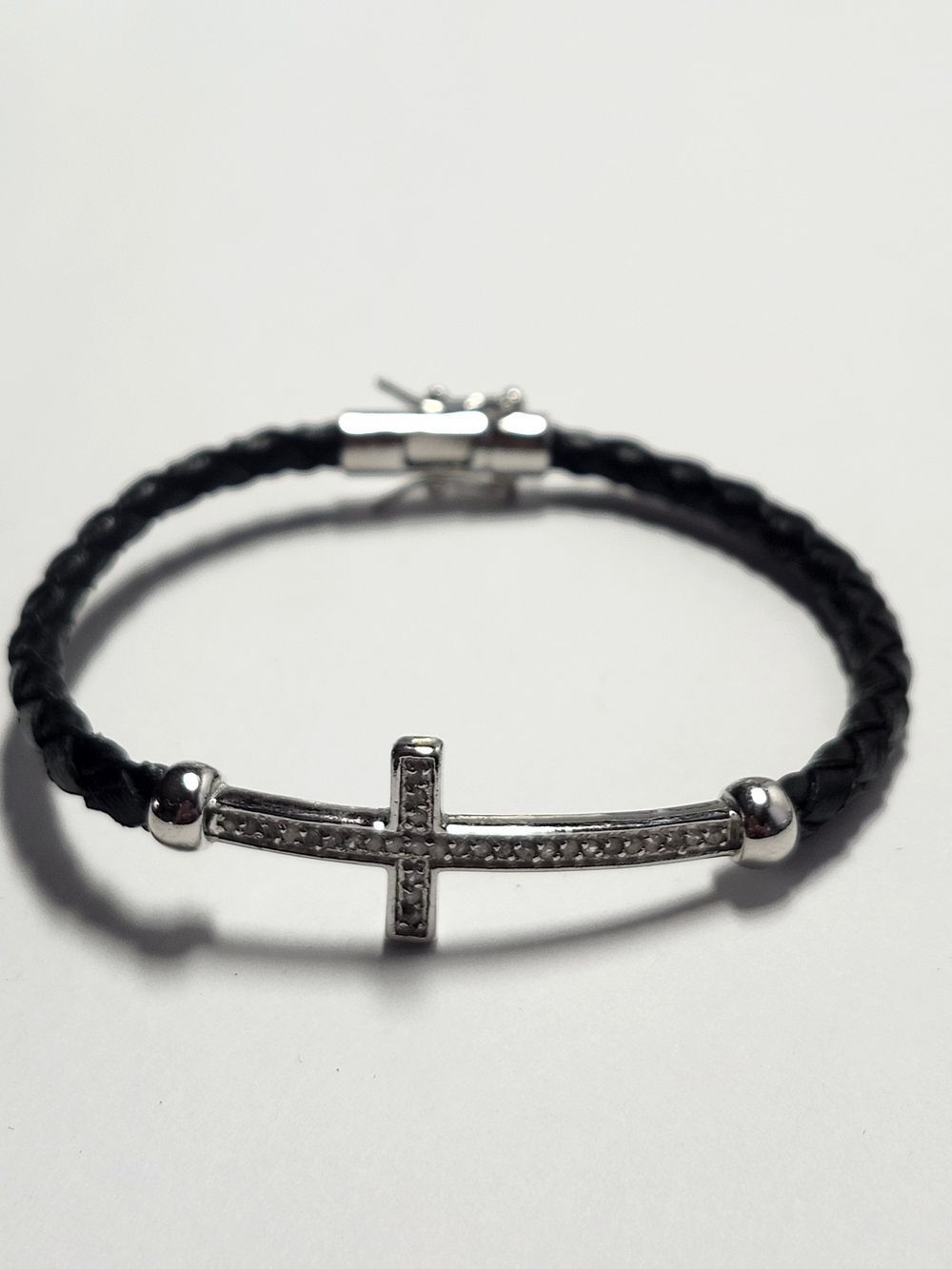 Diamond Sterling Silver Plated Bracelet with Cross - Black & Silver